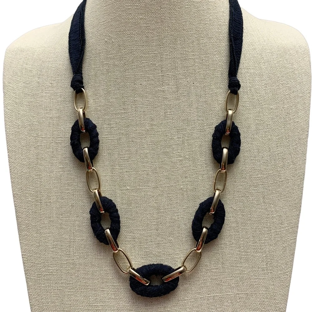 Ann Taylor navy blue gold cloth wrapped chunky chain nautical necklace coastal